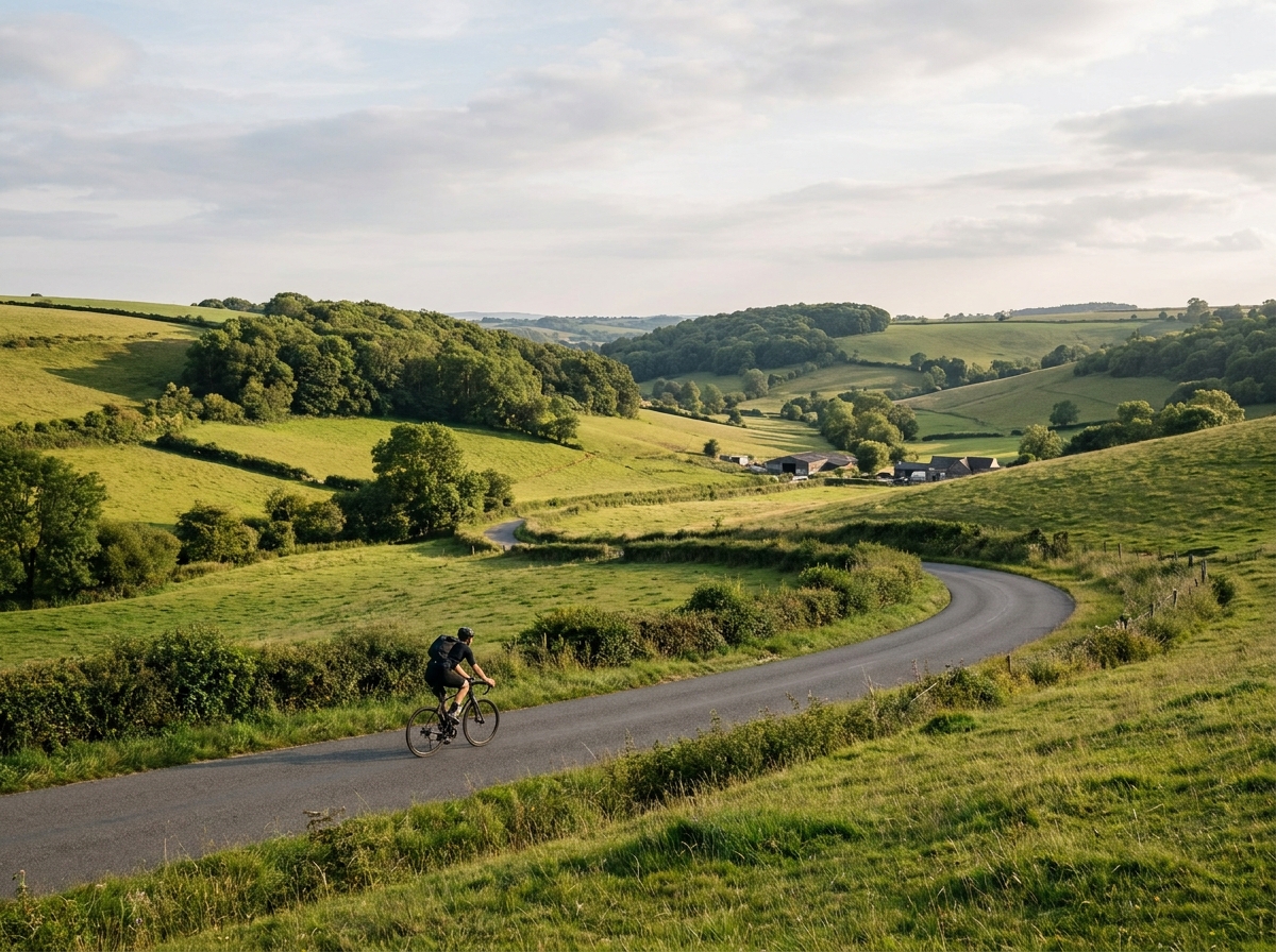 A solo cyclist enjoys the scenery on a beautiful, winding road during a cycling event.