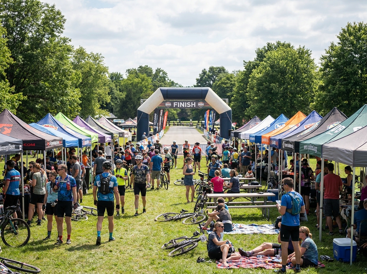 The festive finish line area of a large gran fondo, with sponsor tents and crowds.