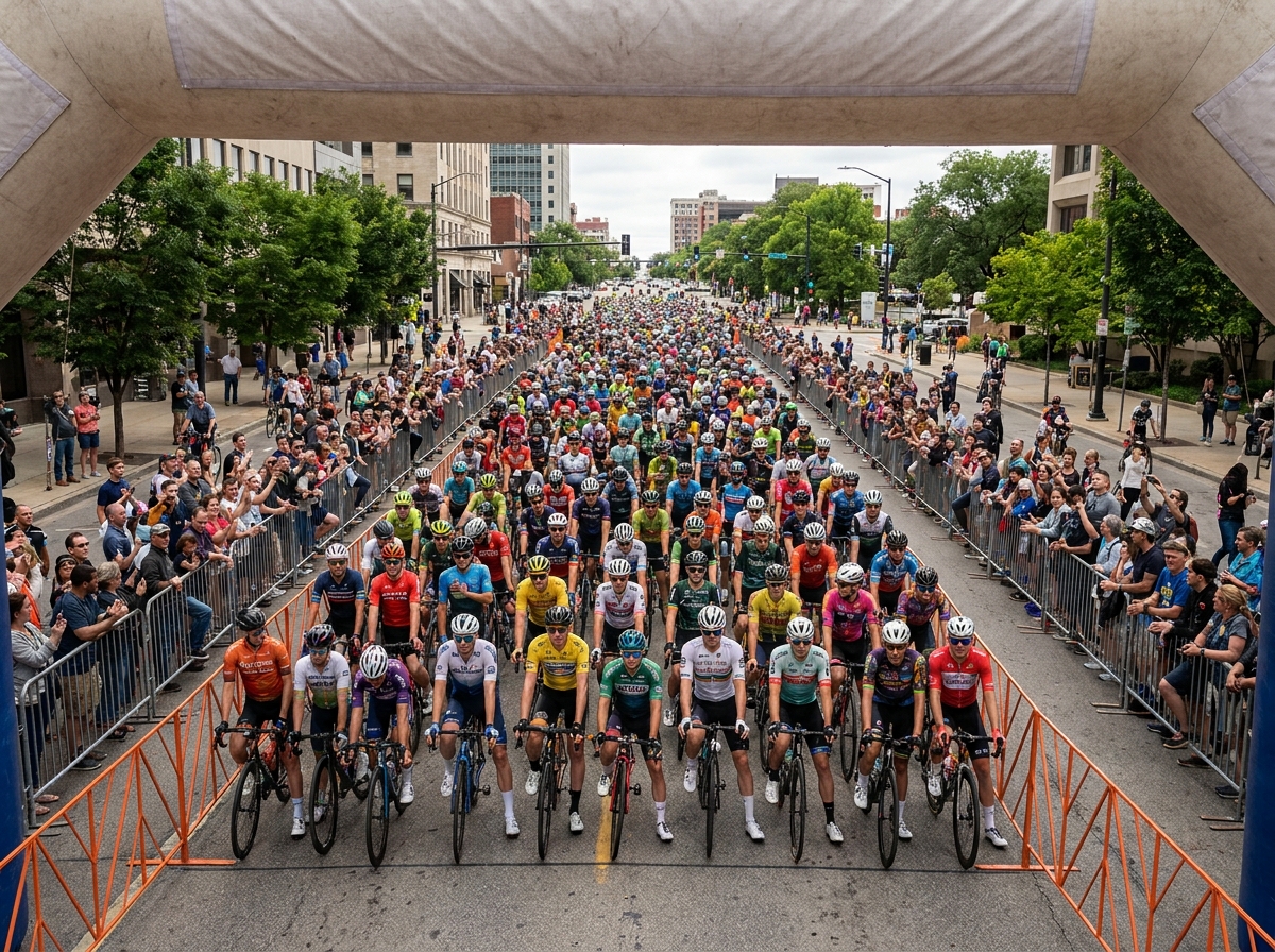 A large group of cyclists waiting at the starting line of a major cycling event.