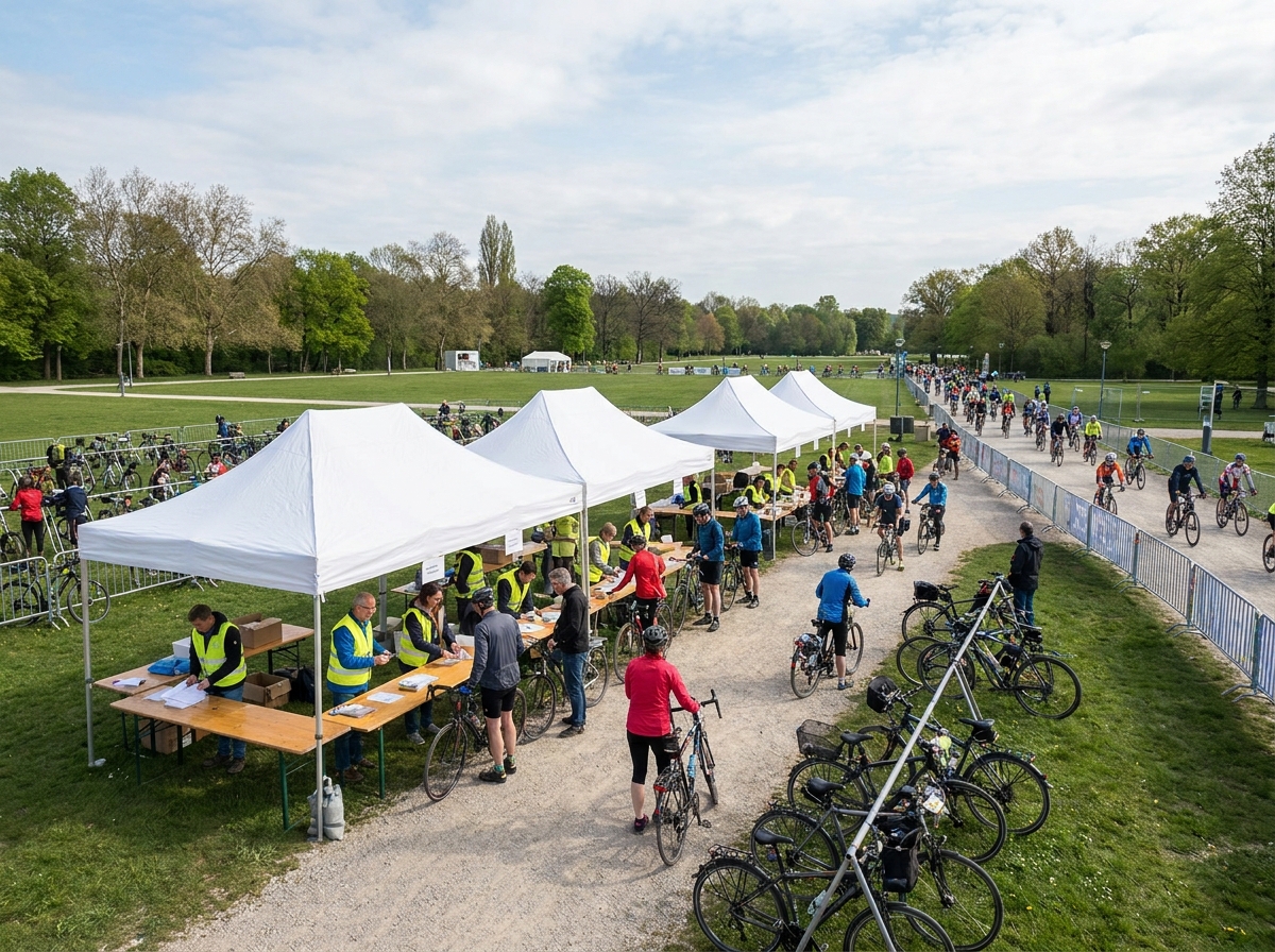An efficient outdoor registration and check-in area for a cycling race.