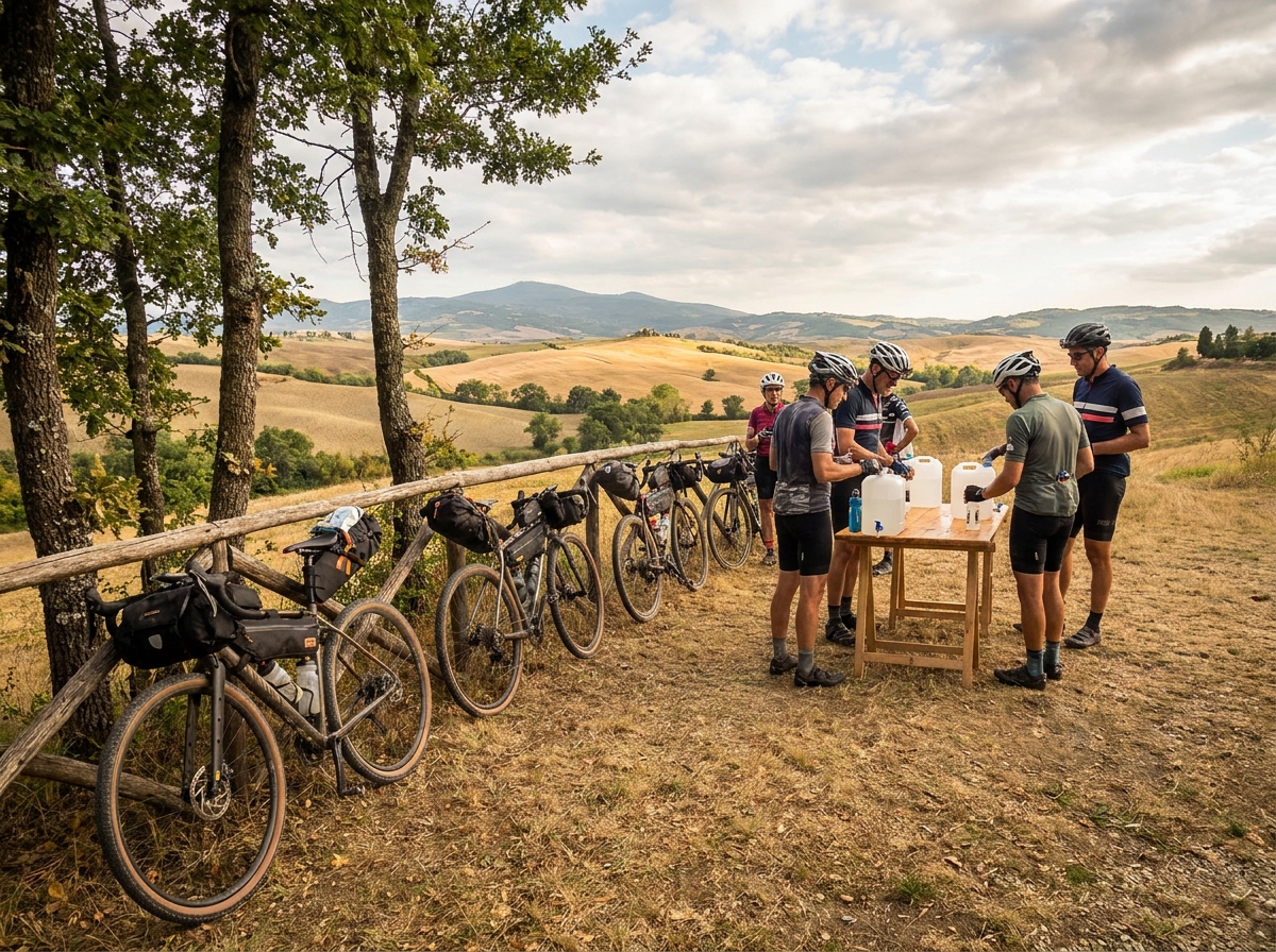 A well-organized aid station at a long-distance cycling event.