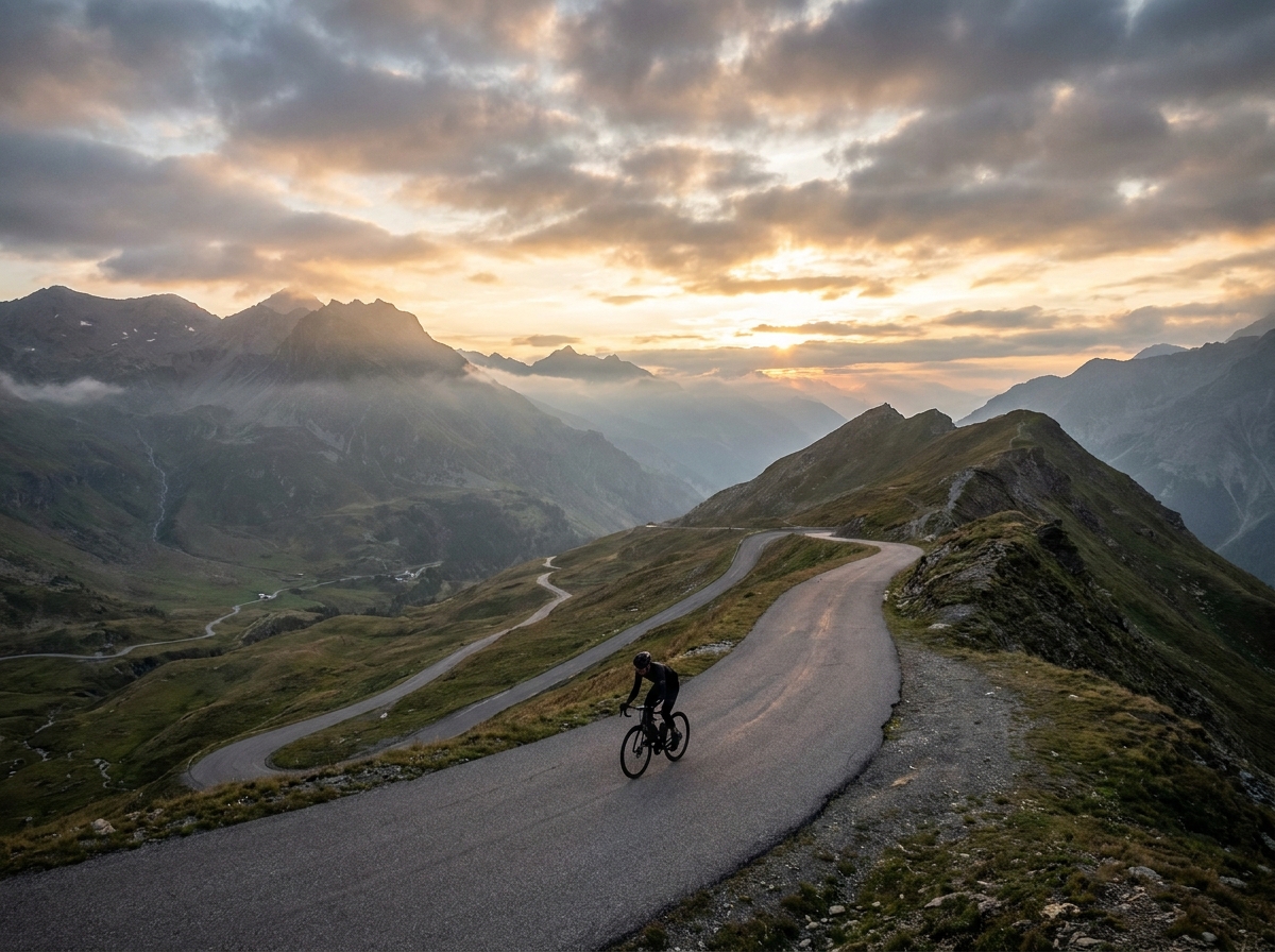 A cyclist tackles a challenging climb on a mountain road, representing the spirit of a cycling event.