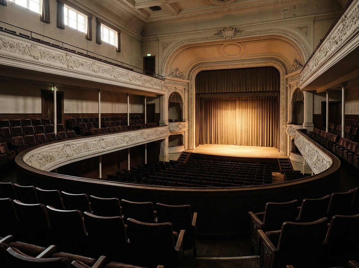 An empty music hall in Dallas with a lit stage before a show.