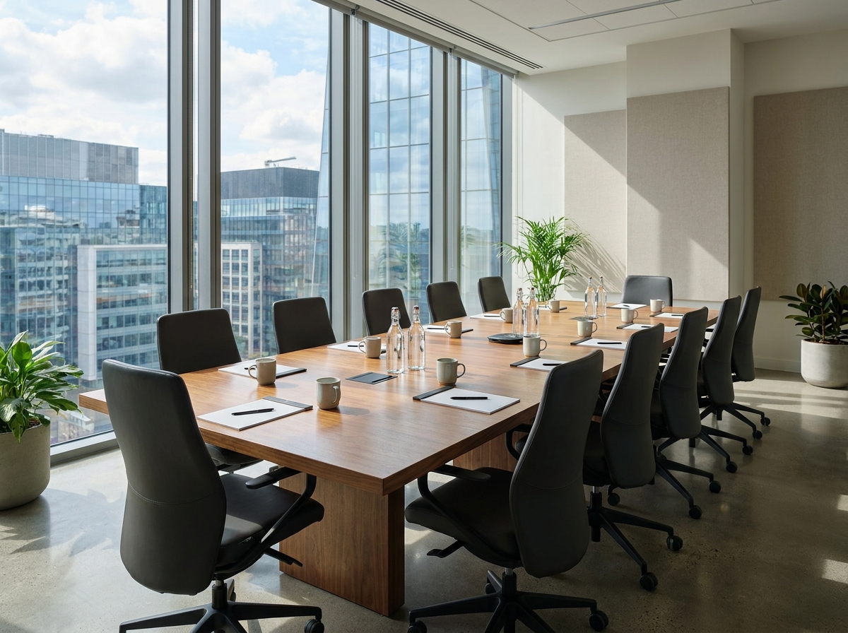 A modern conference room prepared for a corporate event in Dallas.