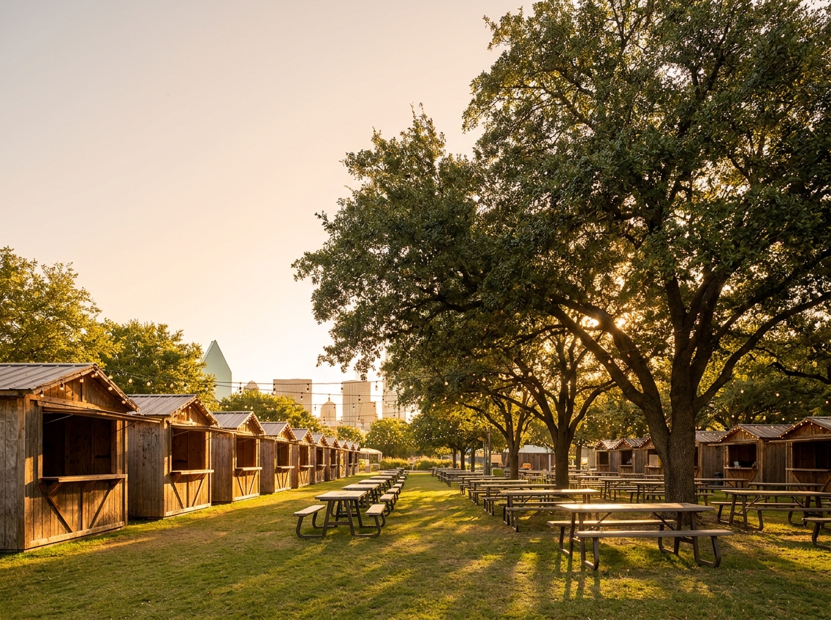 An outdoor food festival in a Dallas park prepared for guests.