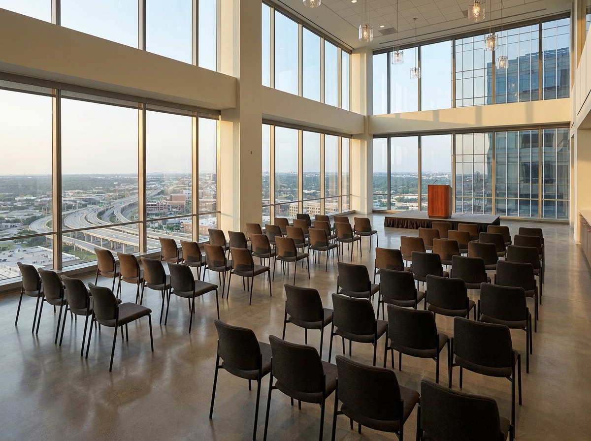 An empty conference room set for a business event in Dallas.