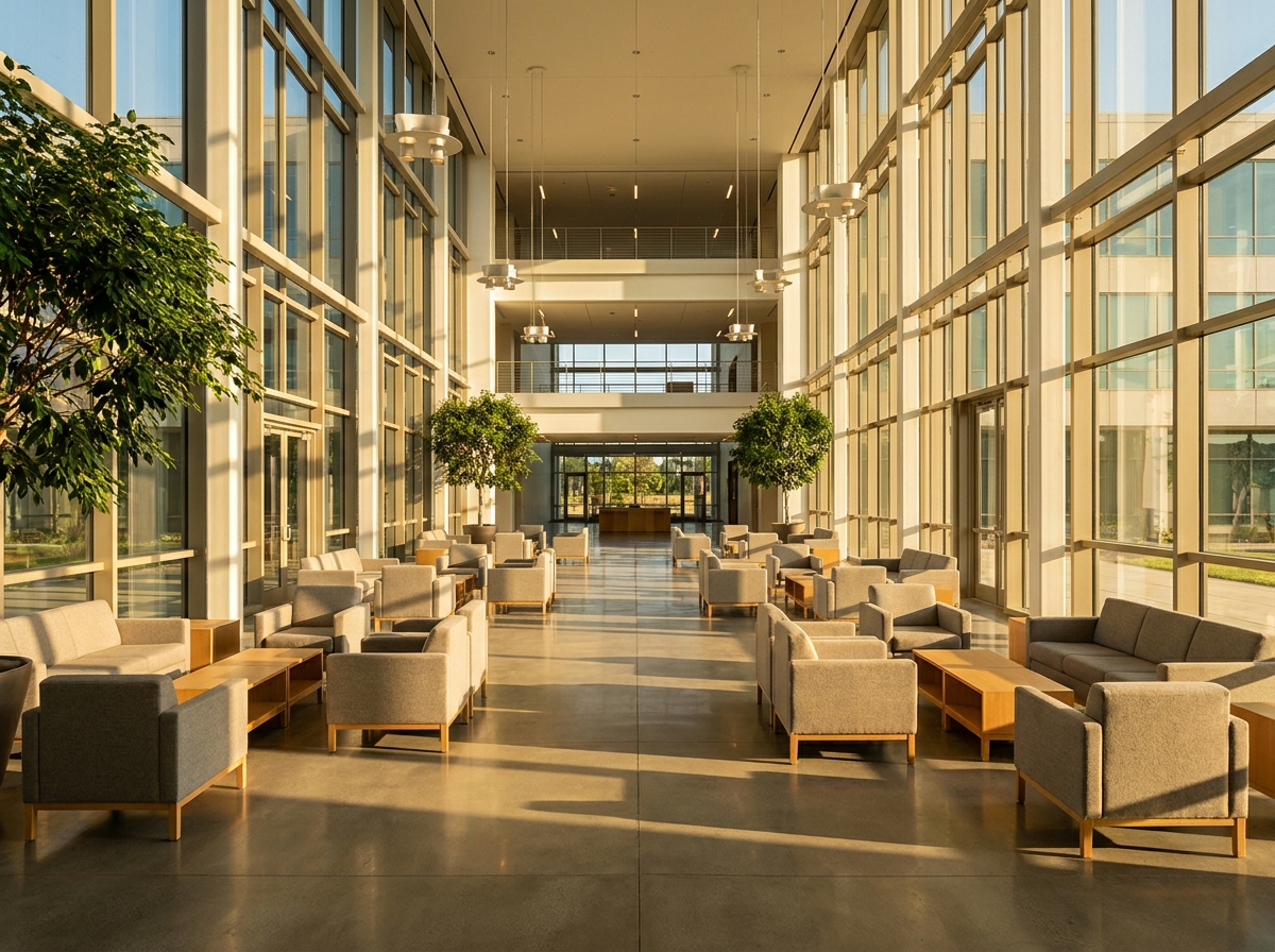 A modern, sunlit lounge area suitable for professional networking.