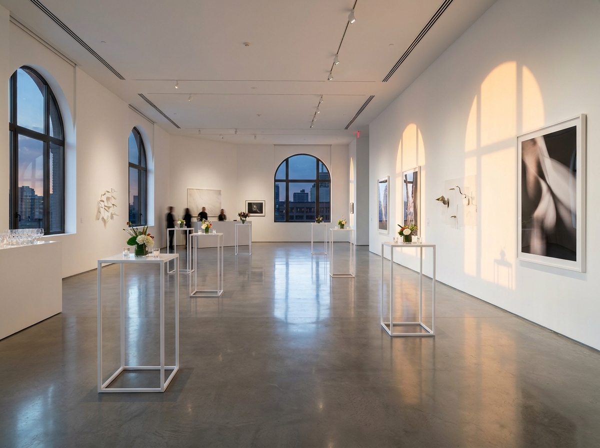 An art gallery space in Dallas prepared for a creative industry networking event.