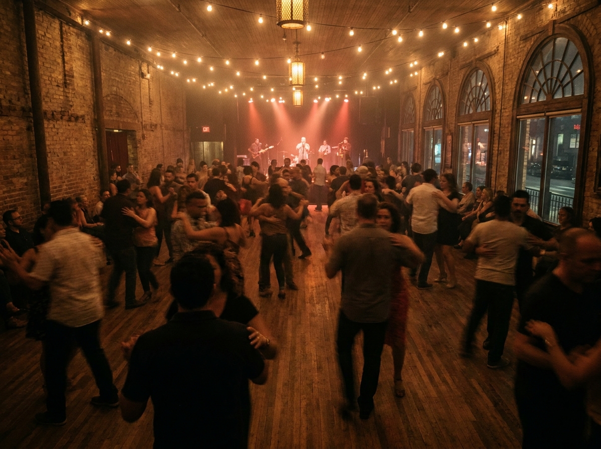 A crowded dance floor during a salsa class night.