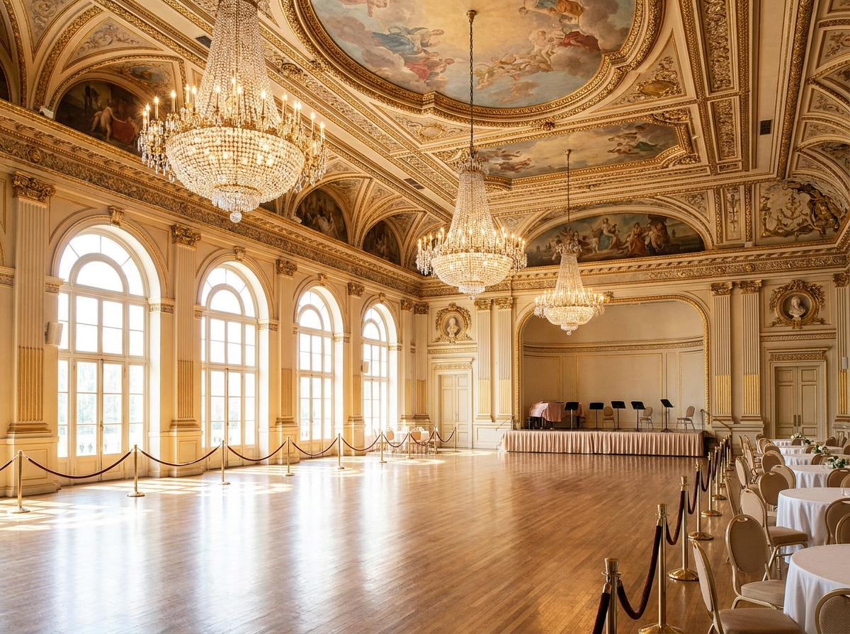 An empty, grand ballroom ready for a dance event.
