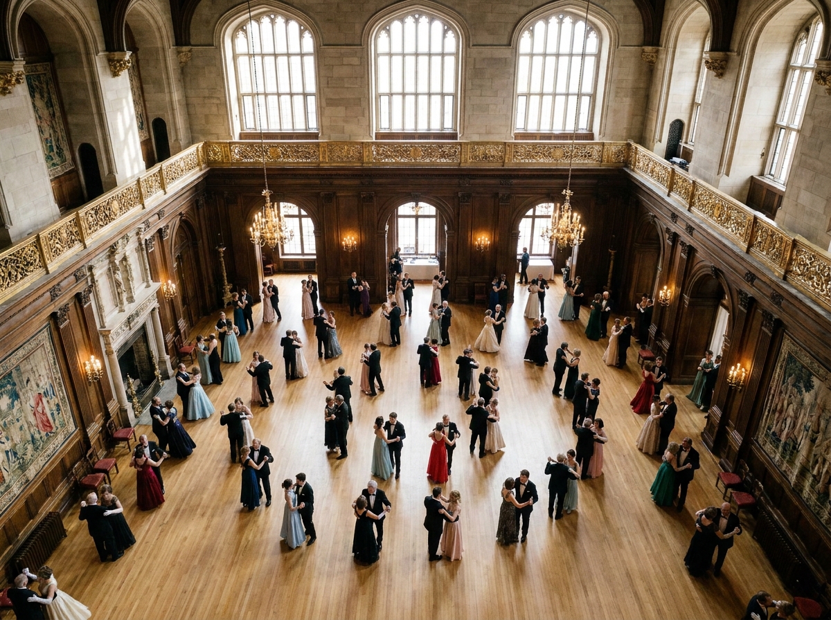 An overhead view of couples participating in a ballroom dance event in a large hall.