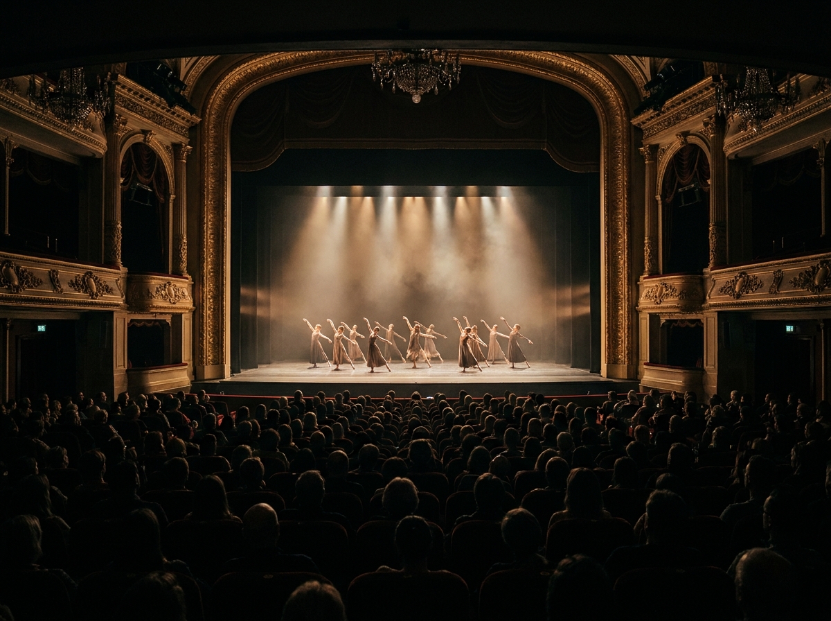 A large audience watches a dance event in a packed theater.