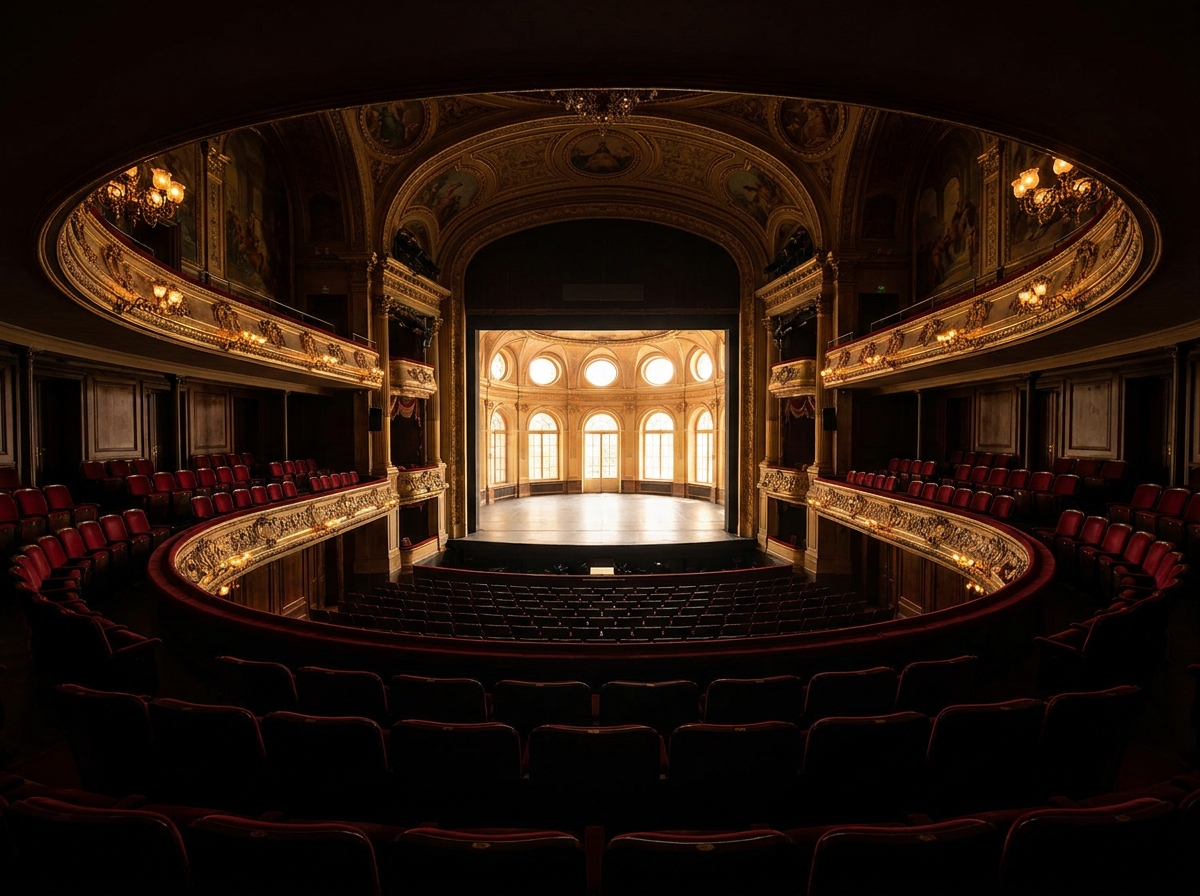 Empty red velvet seats in a beautiful theater before a dance performance.