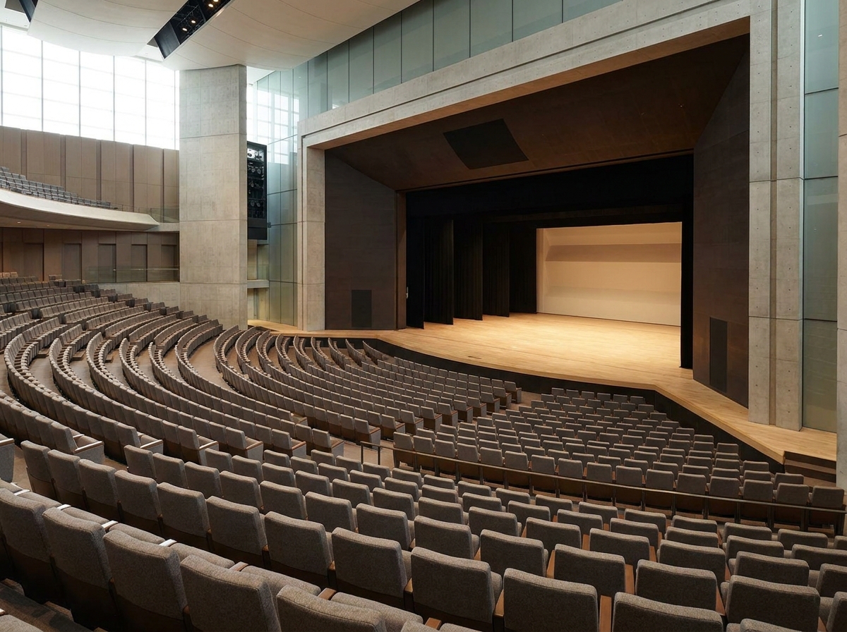 A modern, empty auditorium and stage, set up for a dance competition.