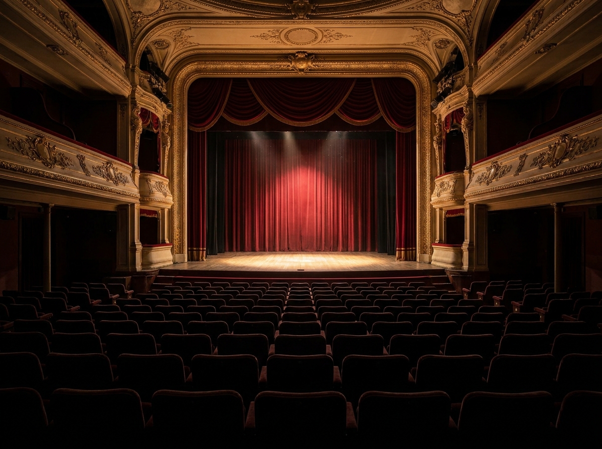 An empty theater stage viewed from the audience, representing the reach for a dance performance.