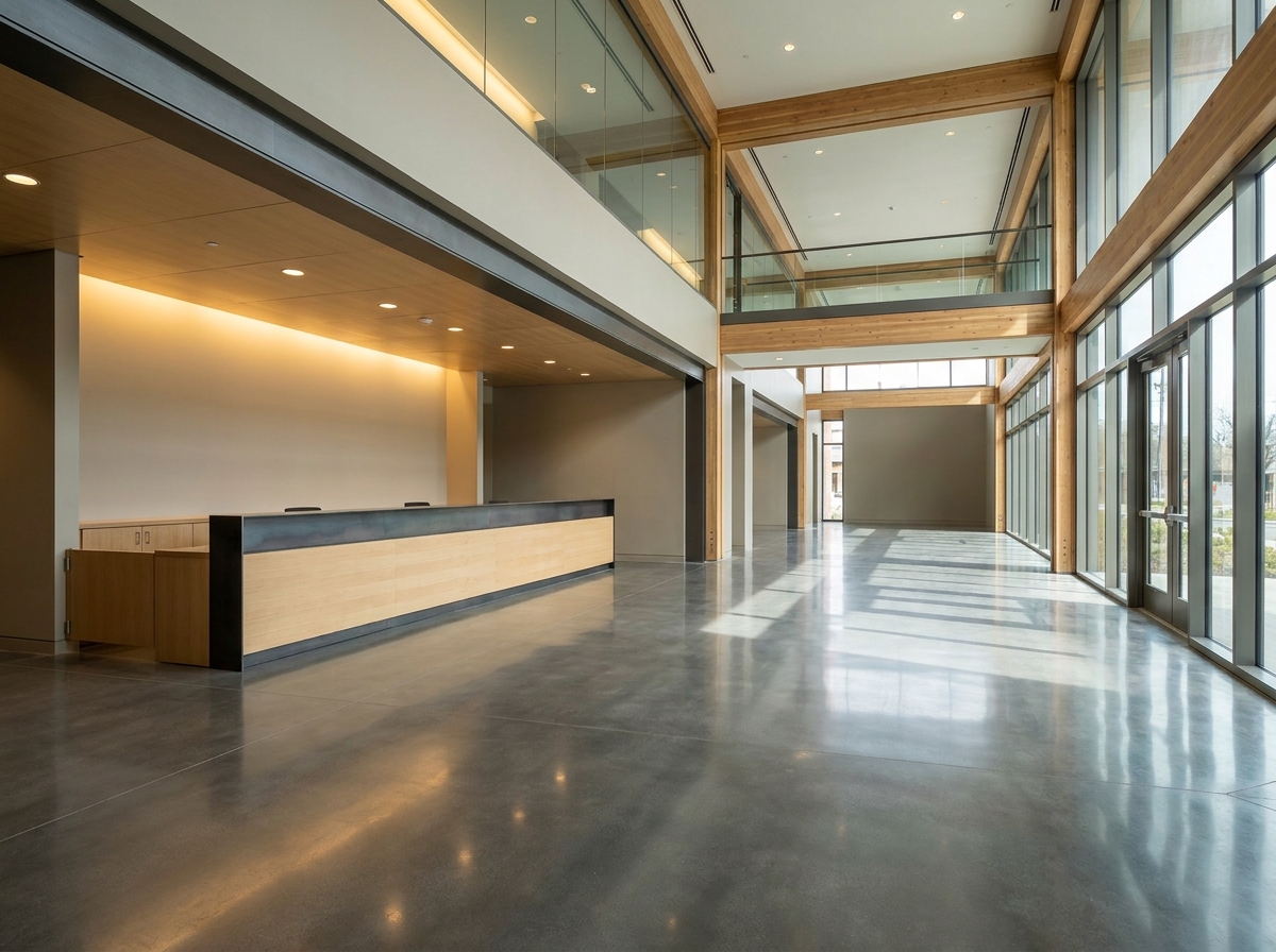 An empty, modern theater lobby, signifying a smooth check-in process for a dance event.