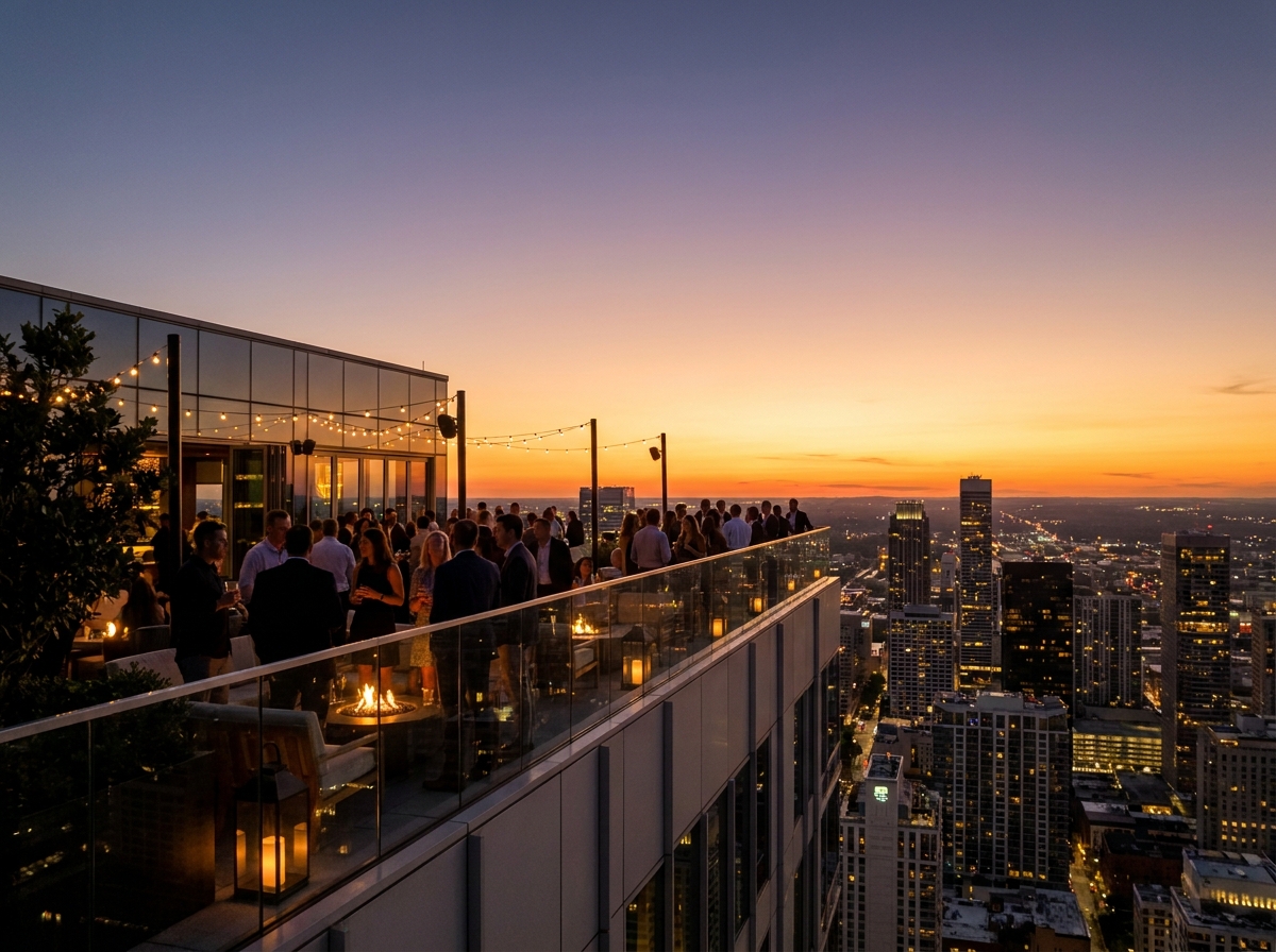 Silhouettes of attendees enjoying a scenic rooftop dating event at dusk.