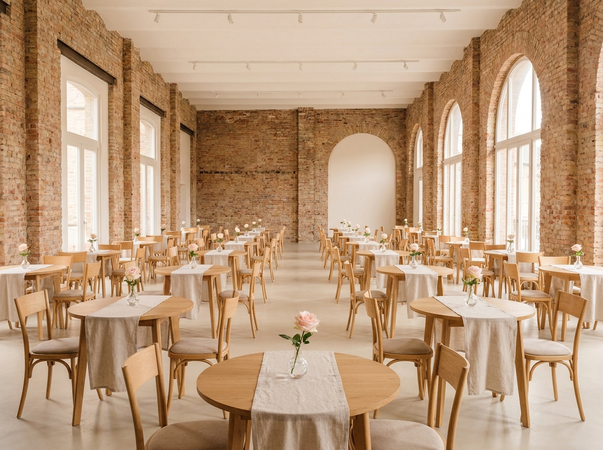 A quiet event space with small tables prepared for a speed dating event.