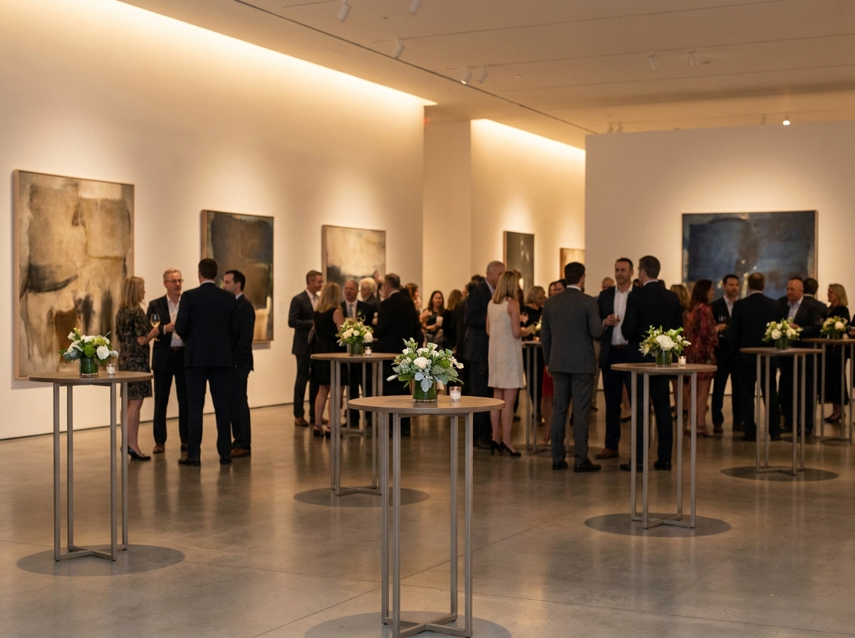 An art gallery set up for a sophisticated dating mixer event.