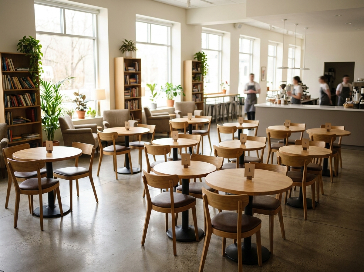 A modern cafe interior arranged with two-person tables for a dating event.