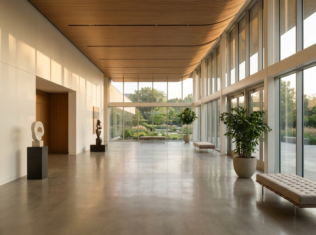 The empty, modern lobby of a Dayton event venue.