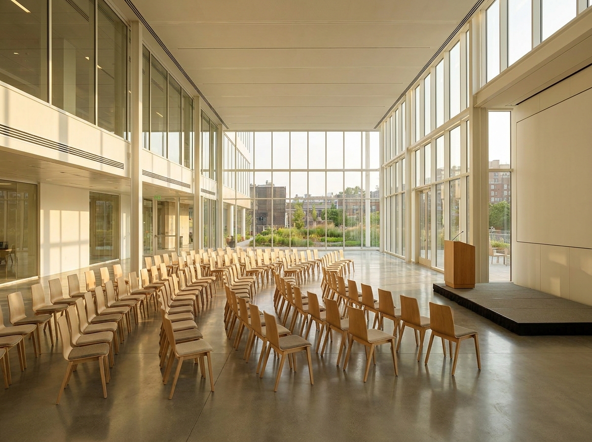 A conference room in Dayton set up for a professional event.