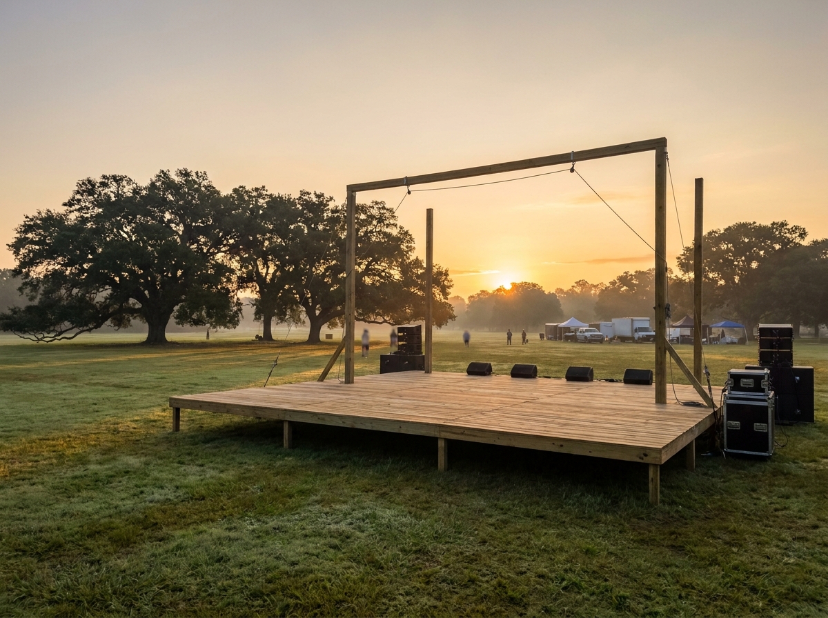 An outdoor stage prepared for a daytime festival in Denton.