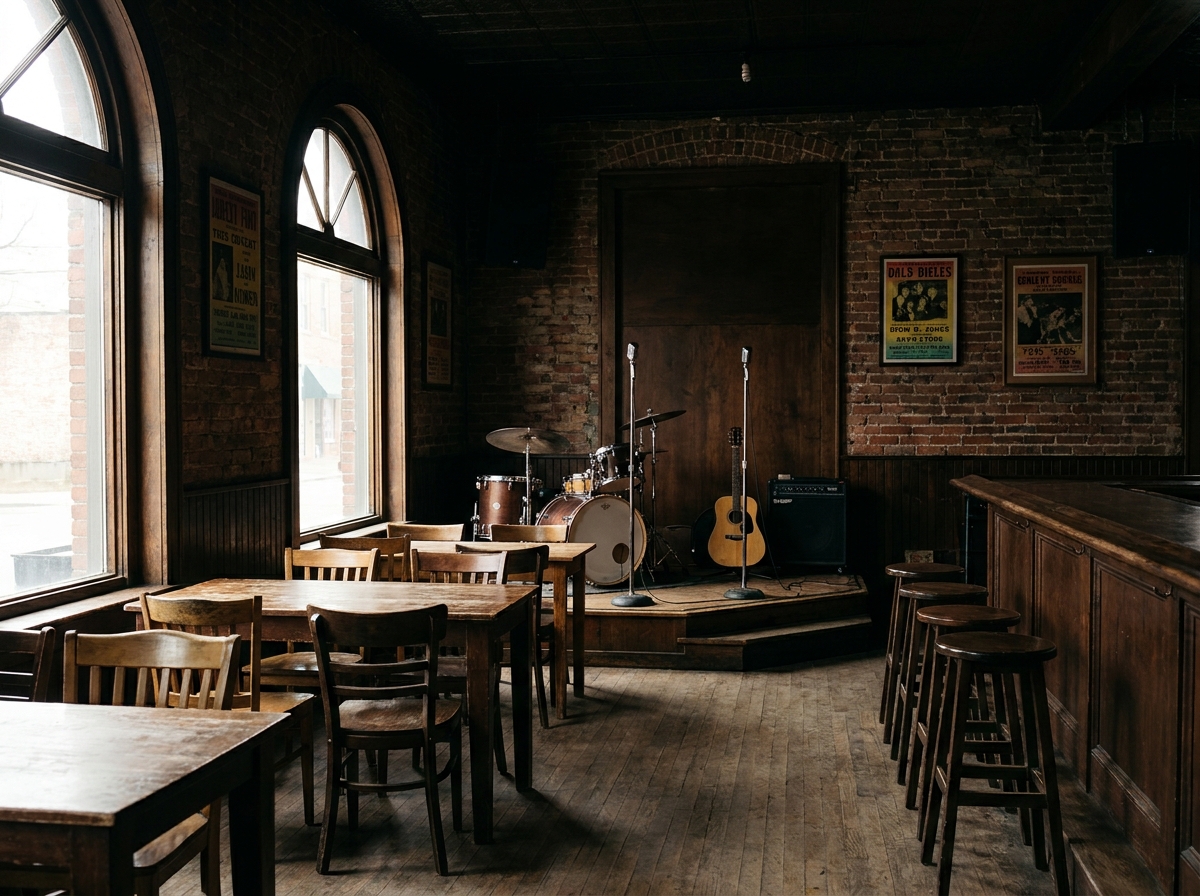 The interior of an empty, intimate music club in Denton before a show.