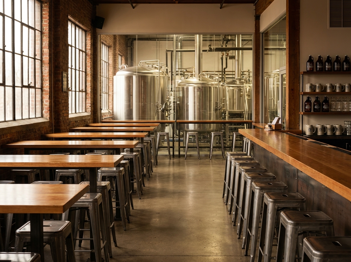 An empty brewery taproom in Denton, set up to host an event.