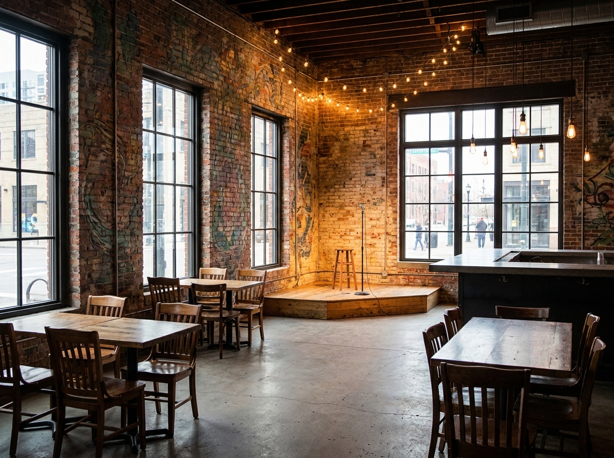 The interior of a bar in Denver prepared for a comedy night.