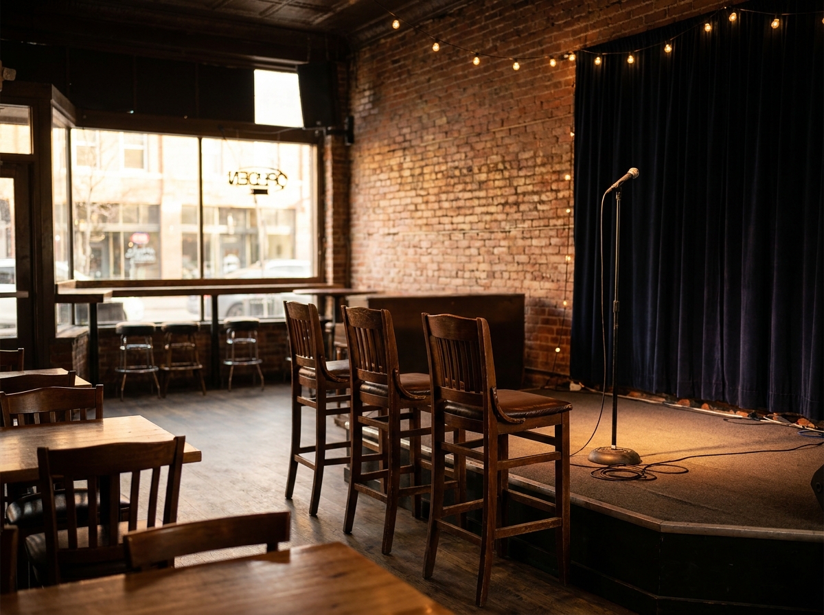 Empty bar stools facing a stage at a Denver comedy venue.