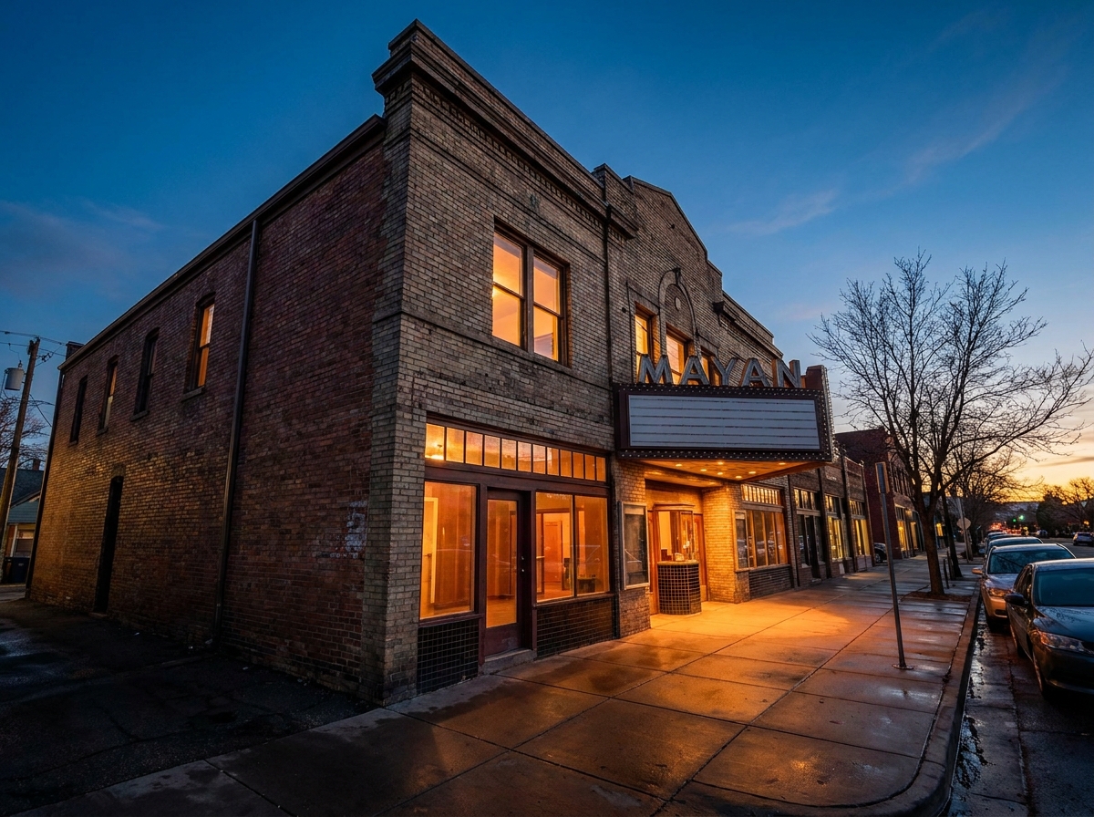 The glowing entrance to a small theater in Denver at dusk.