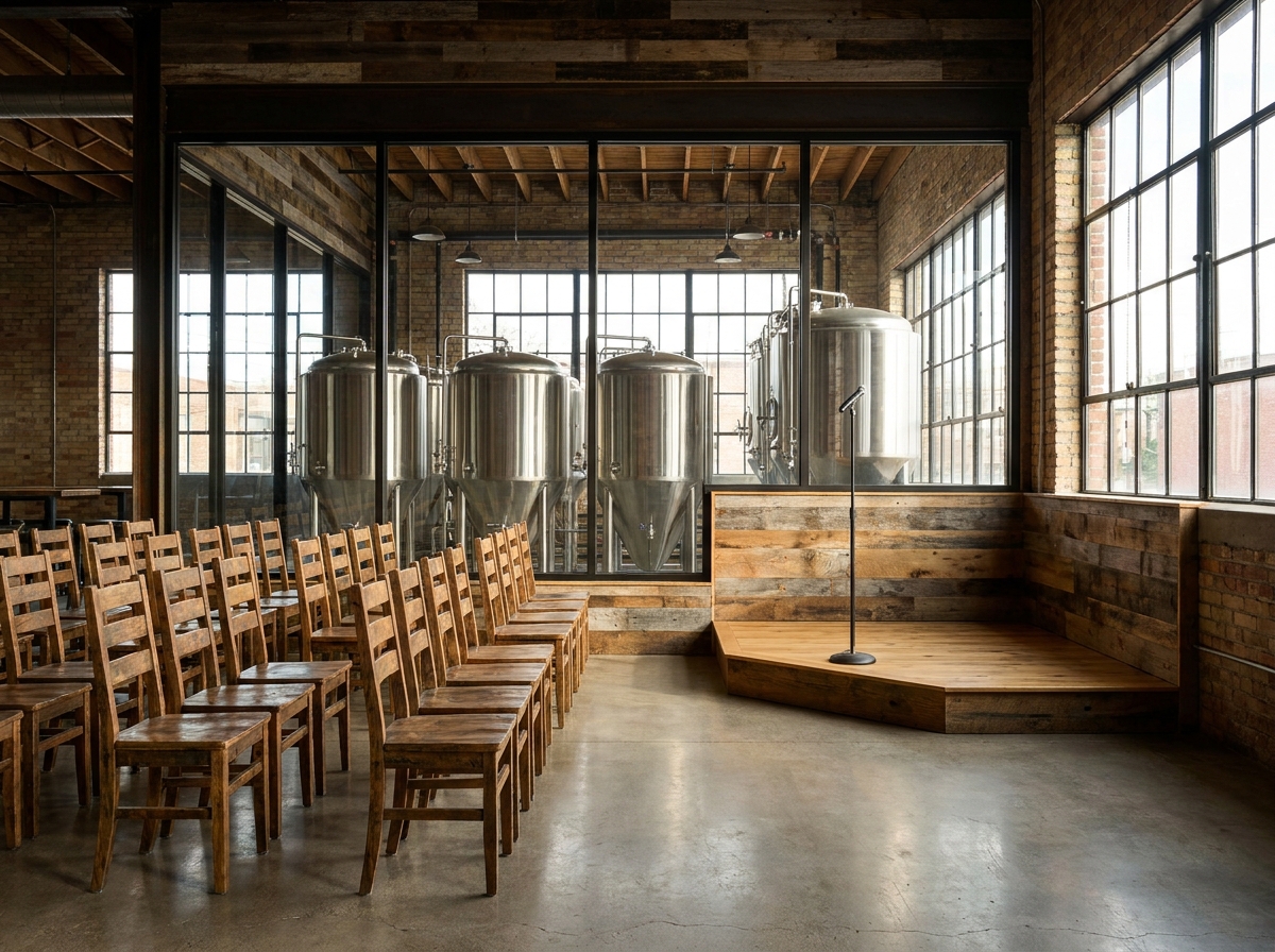 A Denver brewery taproom set up for a stand-up comedy performance.