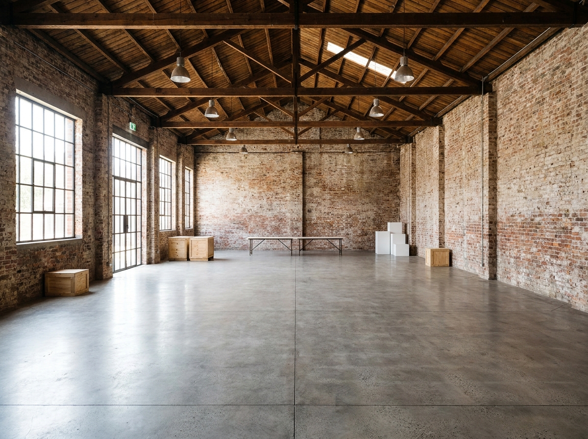 An empty warehouse event space in Denver's RiNo Art District, ready for an event.