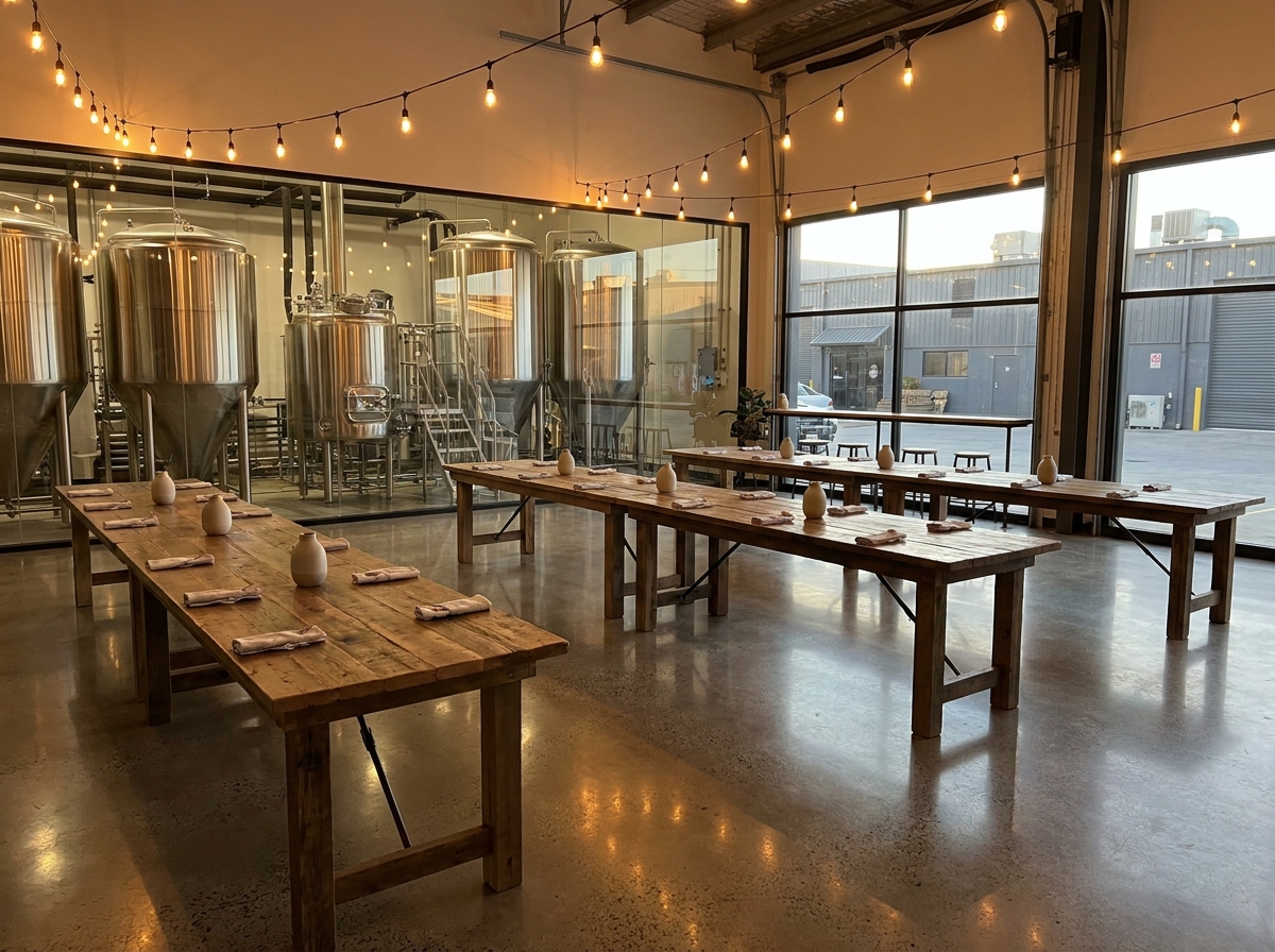 A Denver brewery taproom set up for a private ticketed event.