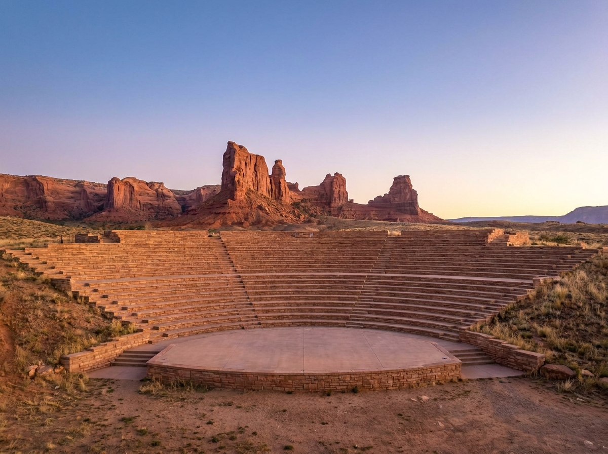 An empty outdoor amphitheater near Denver, prepared for a daytime event.