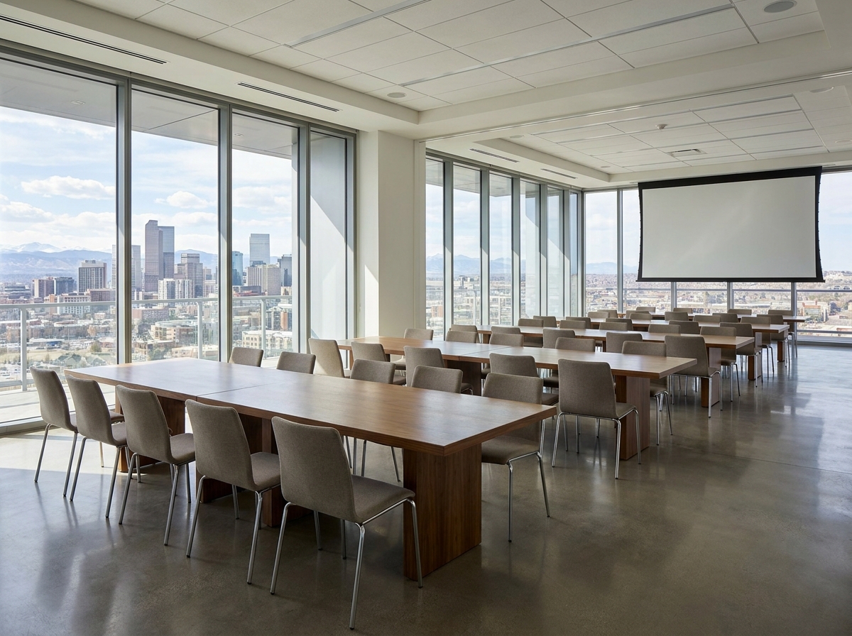 An empty conference space in a downtown Denver building set up for a corporate event.