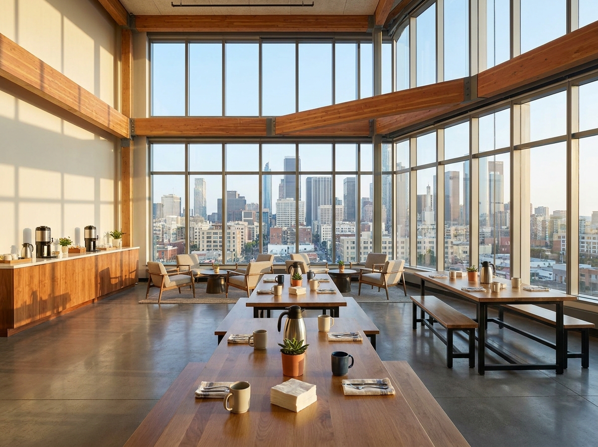 A modern co-working space in Denver prepared for a professional event.