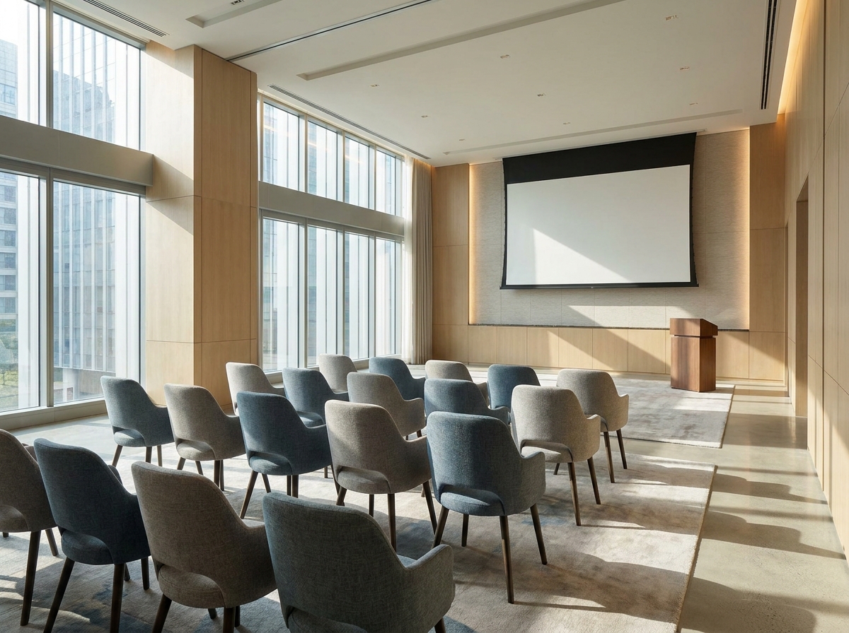 An empty conference room in Denver set up for a business presentation.