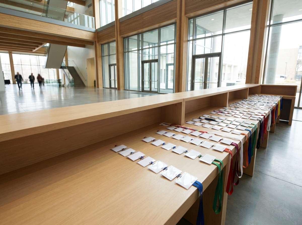 An event registration desk with name badges ready for a professional event in Denver.