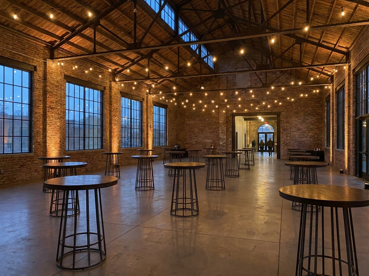 An empty, stylish event venue in Denver set up for a networking mixer.