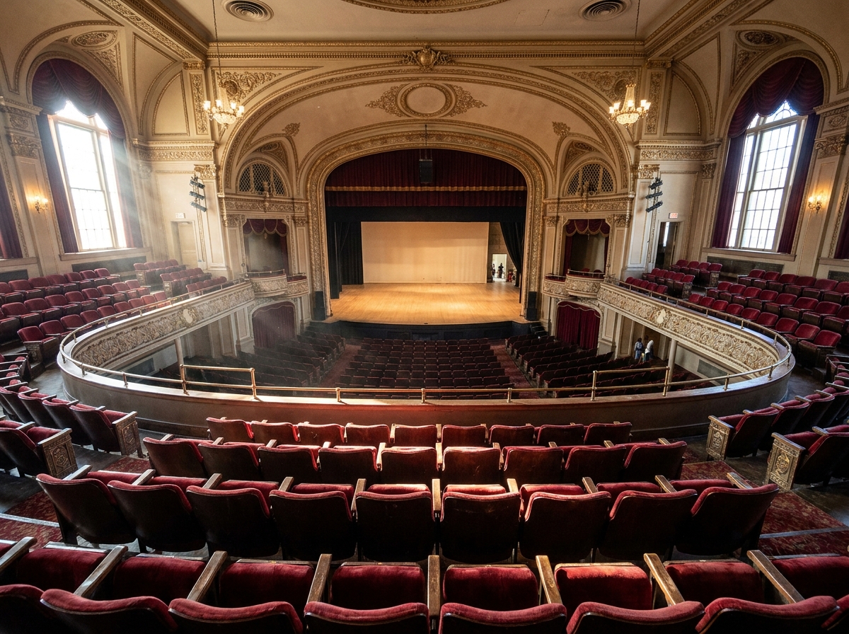 View of an empty stage and seating in a classic Des Moines theater.
