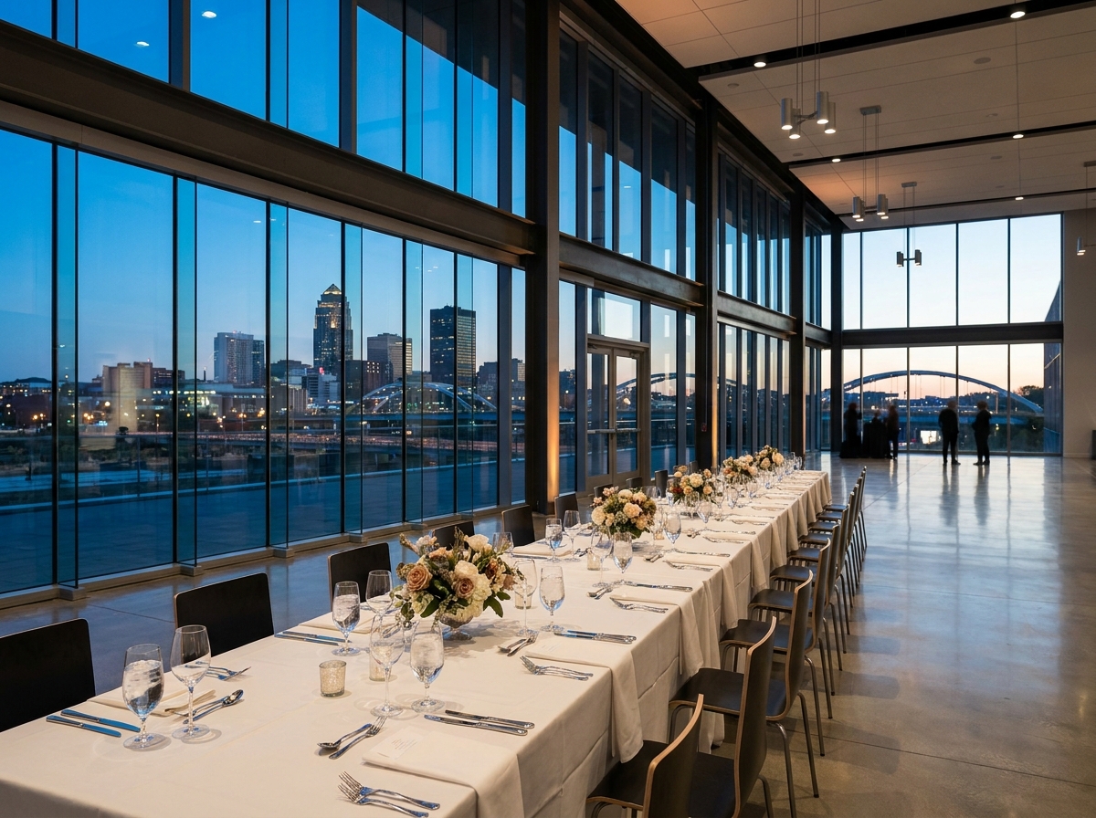 An elegantly decorated table at a Des Moines event venue at dusk.