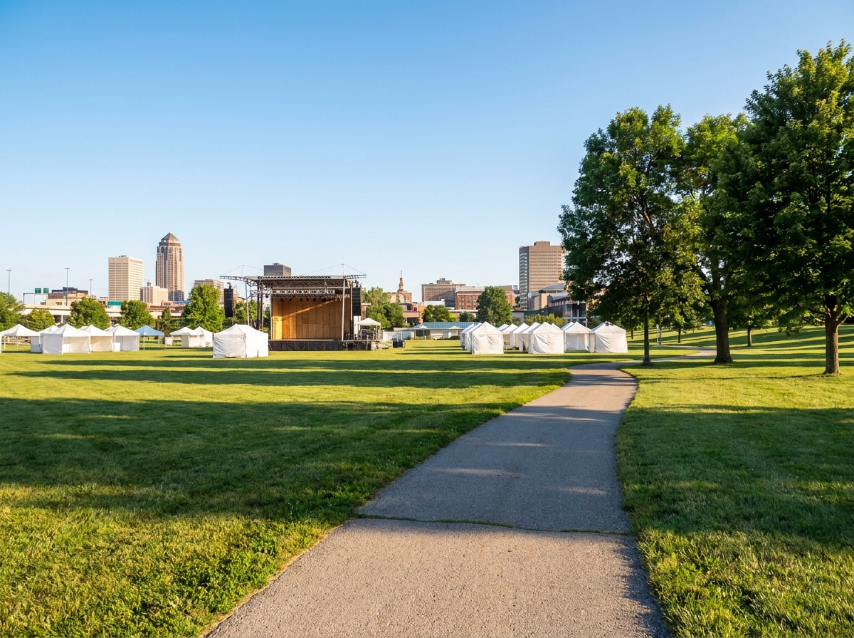 An outdoor park in Des Moines prepared for a community festival.