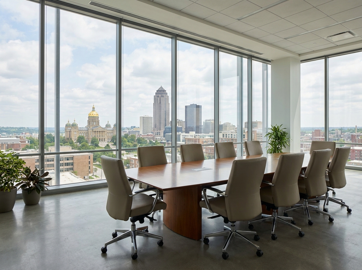 A professional conference room in Des Moines prepared for an event.