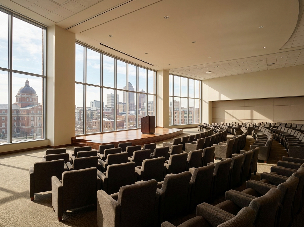An empty auditorium set up for a professional seminar in Des Moines.
