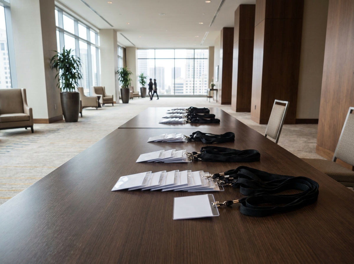 An organized and empty registration desk with name tags for a business event.