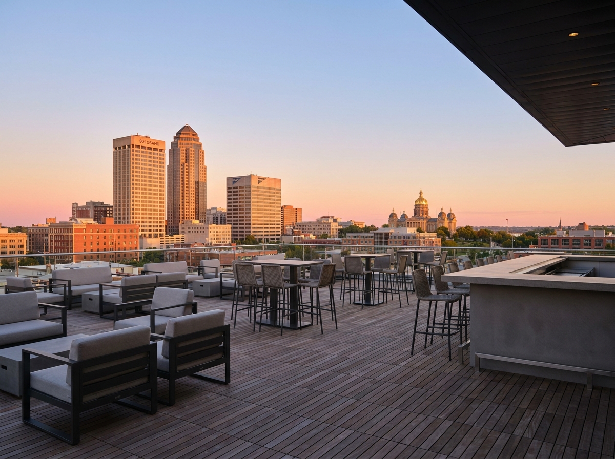An empty rooftop venue in Des Moines set for a networking happy hour at sunset.