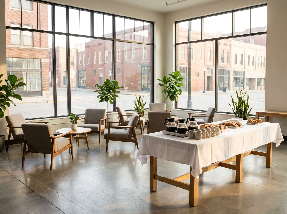 An empty, modern co-working lounge prepared for a morning networking event.