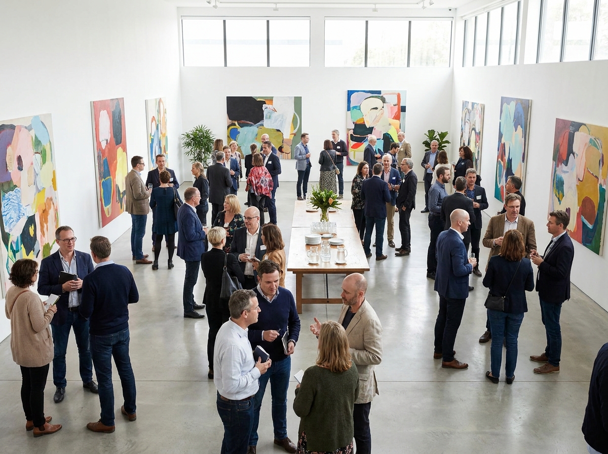 Design professionals networking at an event held in a contemporary art gallery.